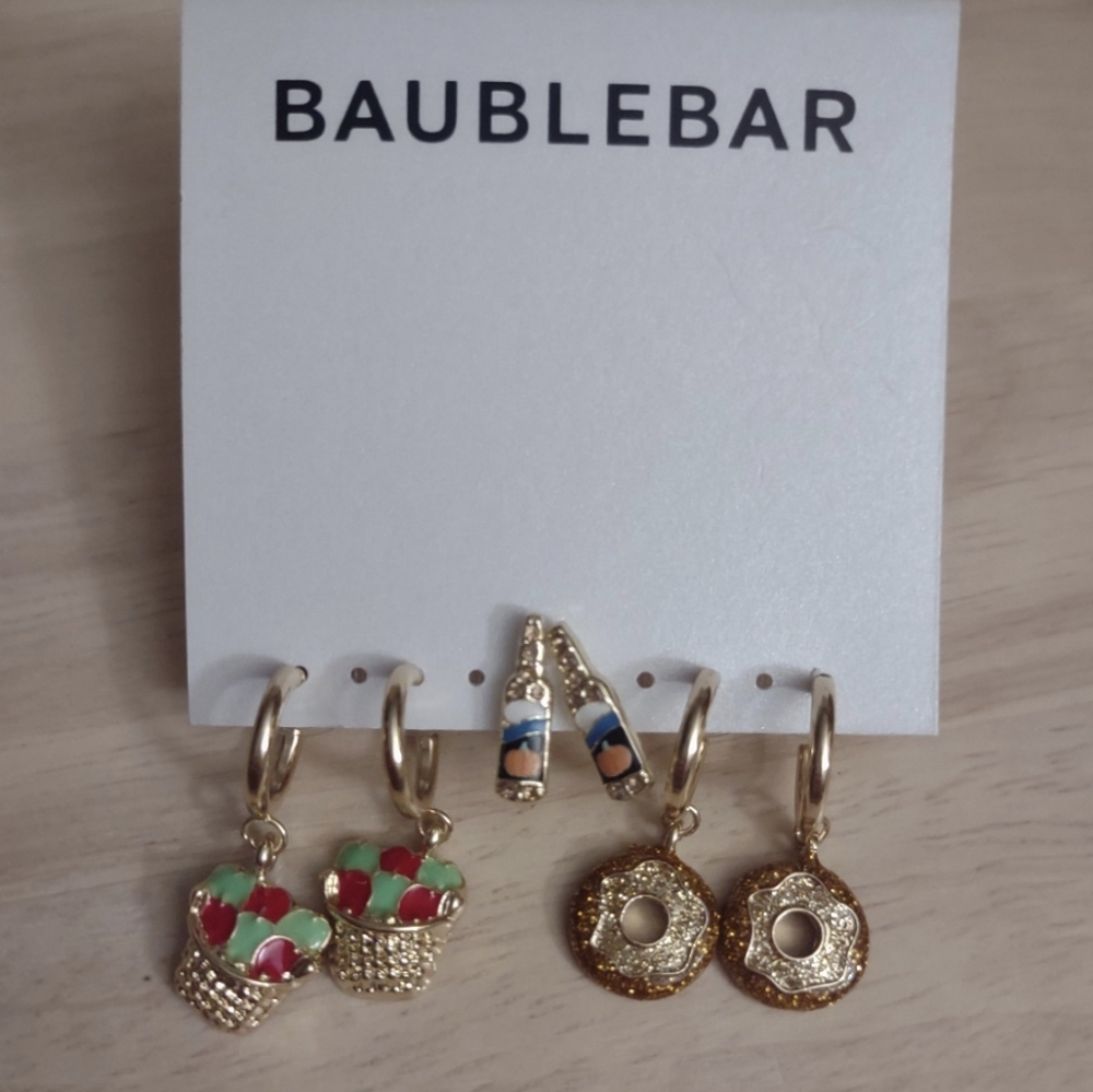 Baublebar Apple Basket Ginger Ale Donut Enamel Charm Gold Earrings Set Y2K